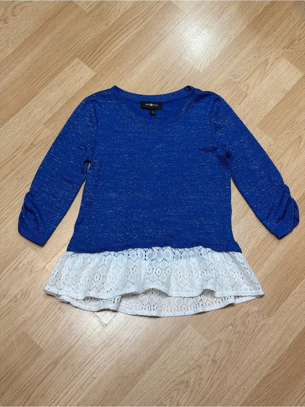 Amy Byer Girls Royal Blue Metallic Sparkle Lace Ruffle Hem Top Large 14